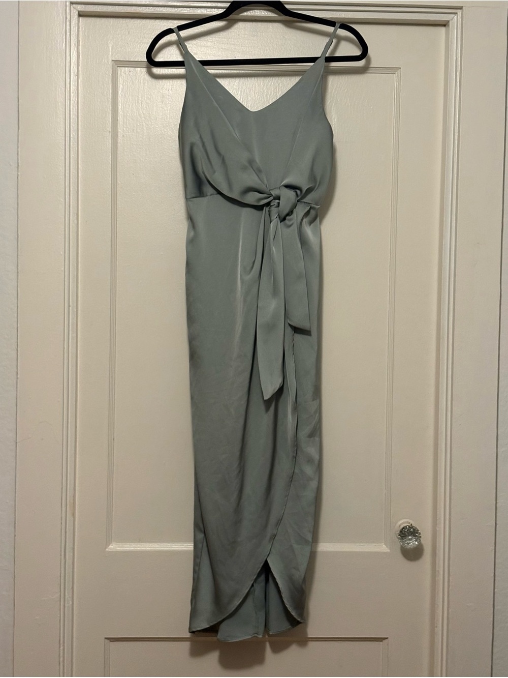 Sage Green Satin Tie-Front Midi Dress